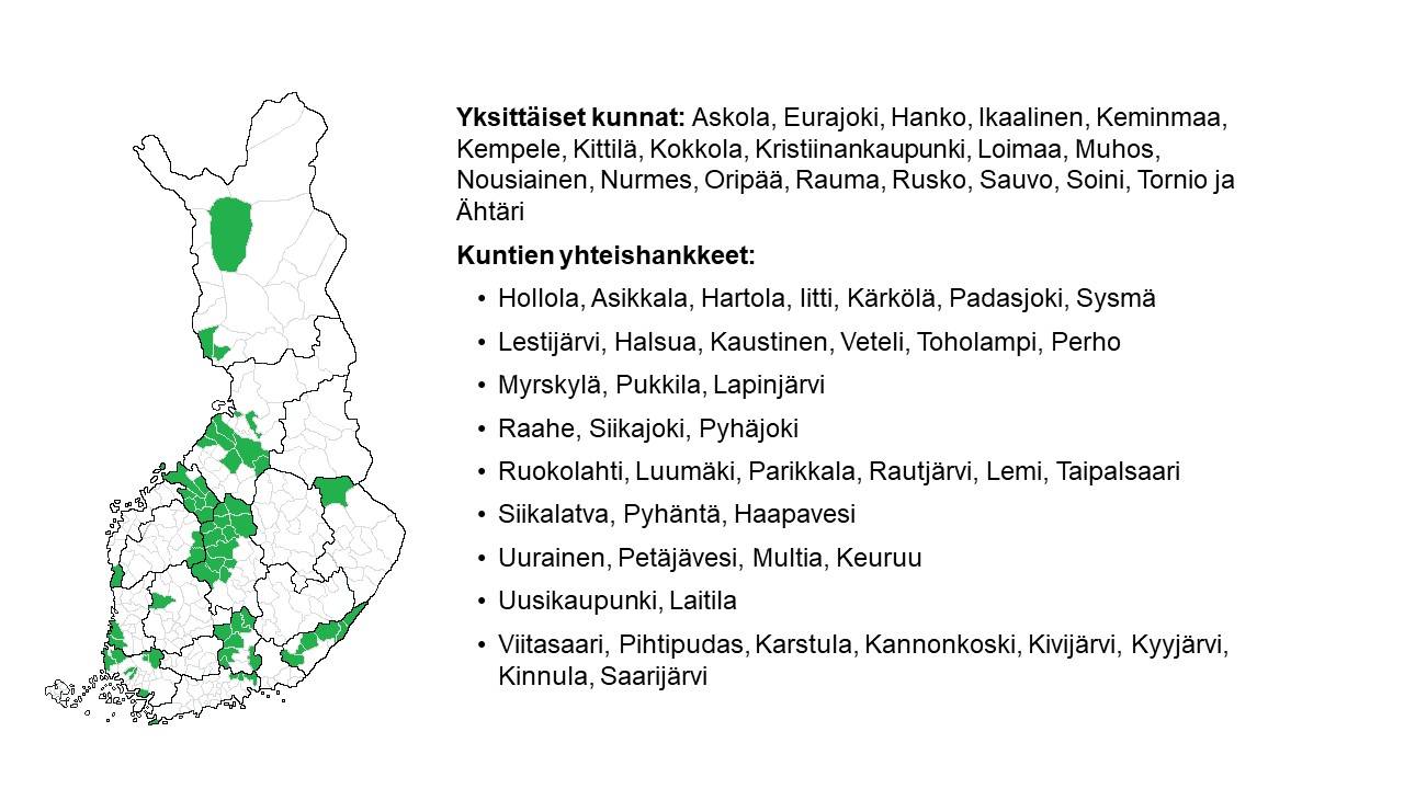 Yksittäiset kunnat: Askola, Eurajoki, Hanko, Ikaalinen, Keminmaa, Kempele, Kittilä, Kokkola, Kristiinankaupunki, Loimaa, Muhos, Nousiainen, Nurmes, Oripää, Rauma, Rusko, Sauvo, Soini, Tornio ja Ähtäri Kuntien yhteishankkeet: Hollola, Asikkala, Hartola, Iitti, Kärkölä, Padasjoki, Sysmä Lestijärvi, Halsua, Kaustinen, Veteli, Toholampi, Perho Myrskylä, Pukkila, Lapinjärvi Raahe, Siikajoki, Pyhäjoki Ruokolahti, Luumäki, Parikkala, Rautjärvi, Lemi, Taipalsaari Siikalatva, Pyhäntä, Haapavesi Uurainen, Petäjävesi, Multia, Keuruu Uusikaupunki, Laitila Viitasaari, Pihtipudas, Karstula, Kannonkoski, Kivijärvi, Kyyjärvi, Kinnula, Saarijärvi
