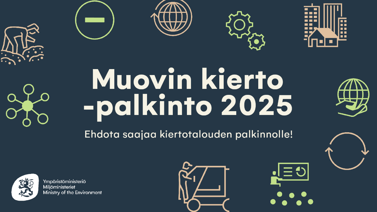 Tummansinisellä pohjalla teksti Muovin kierto -palkinto 2025. Ehdota saadaa kiertotalouden palkinnolle. Kuvassa myös YM:n logo ja piirroskuvia, jotka liittyvät muovin kiertotalouteen.