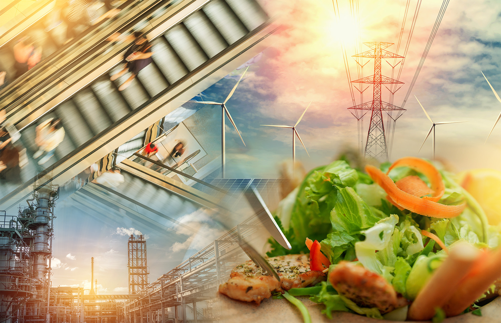 Kollaasikuvassa yhdistetty ostoskeskuksen liukuportaita, tuulivoimaloita, sähkölinjoja, ruoka-annos ja teollisuuslaitos.