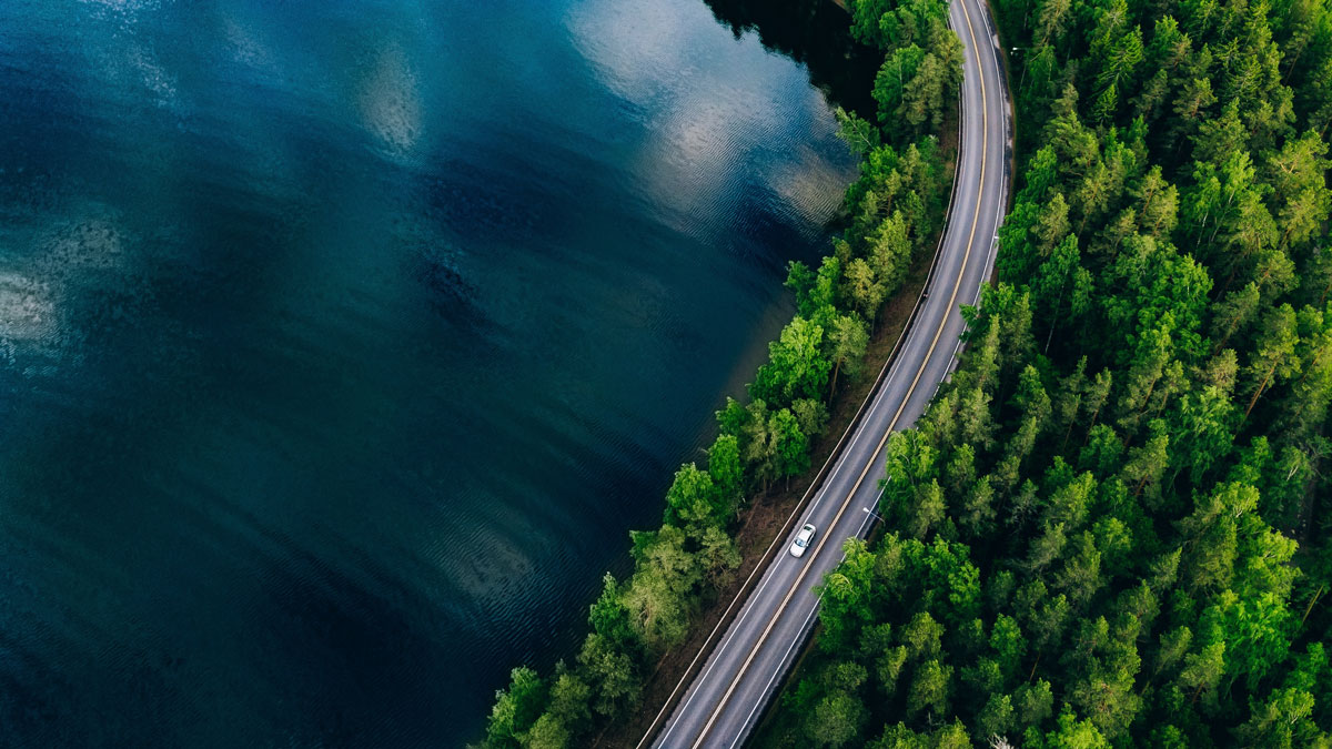 An aerial photo showing a lake, forest, and a road.