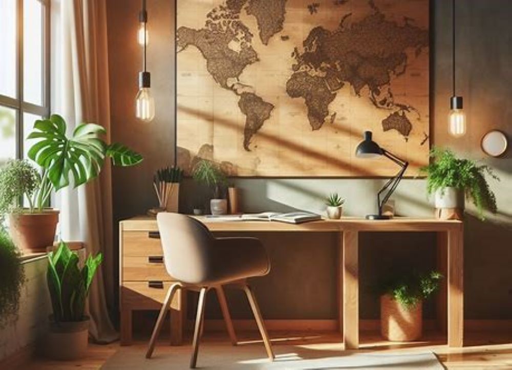 På teckningen finns ett kontorsrum med ett bord, en stol, en grönväxt och en karta på väggen.