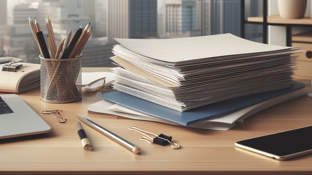 Kuvituskuvassa on paperipino ja kyniä pöydällä.